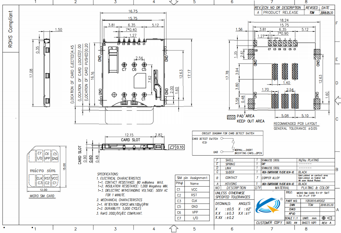 SIM CARD 6P+1 SMT 1.5H P-P TYPE圖紙 SIM CARD 6P+1 SMT 1.5H P-P TYPE圖紙