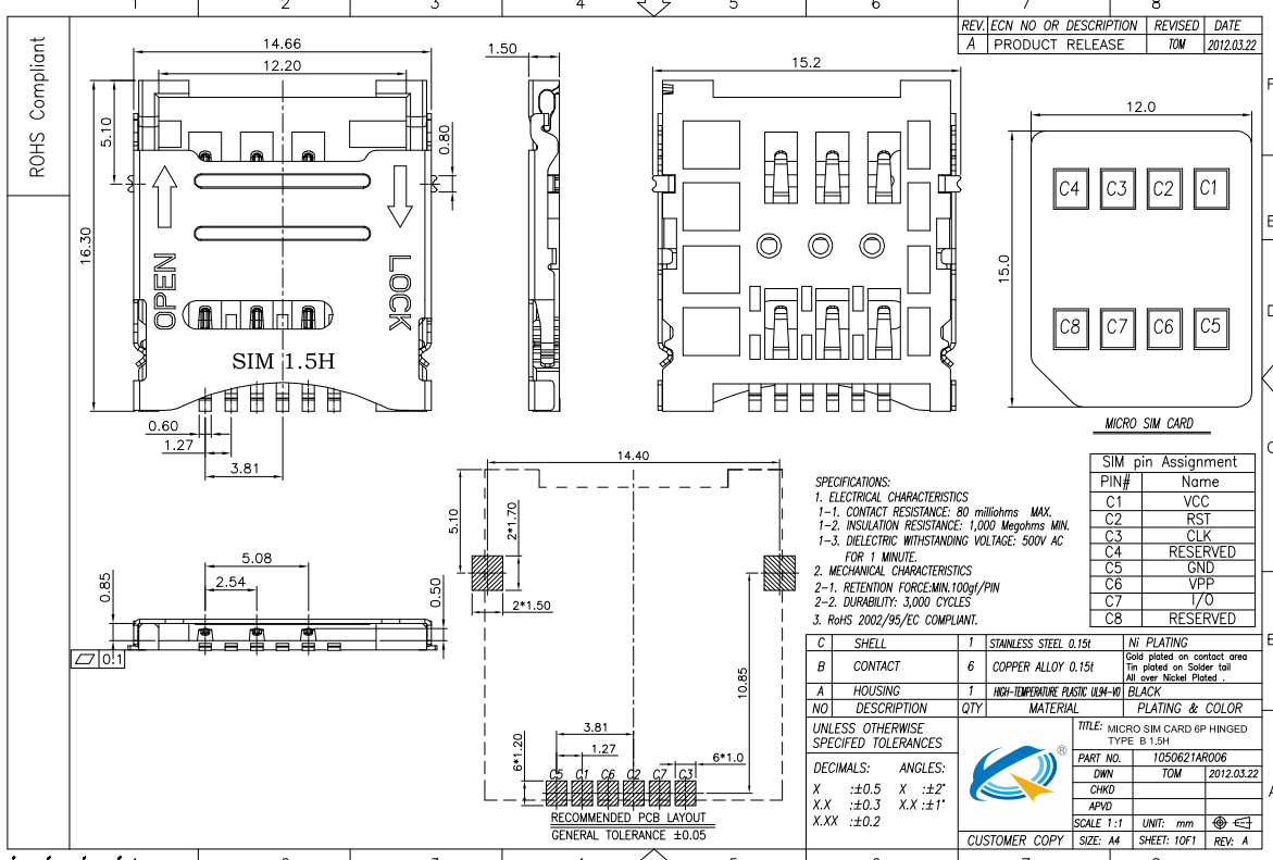 MICRO SIM CARD 6P掀蓋式 1.5H TYPE-B卡座圖紙
