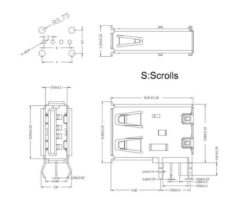USB2.0側(cè)插腳單層母座尺寸圖
